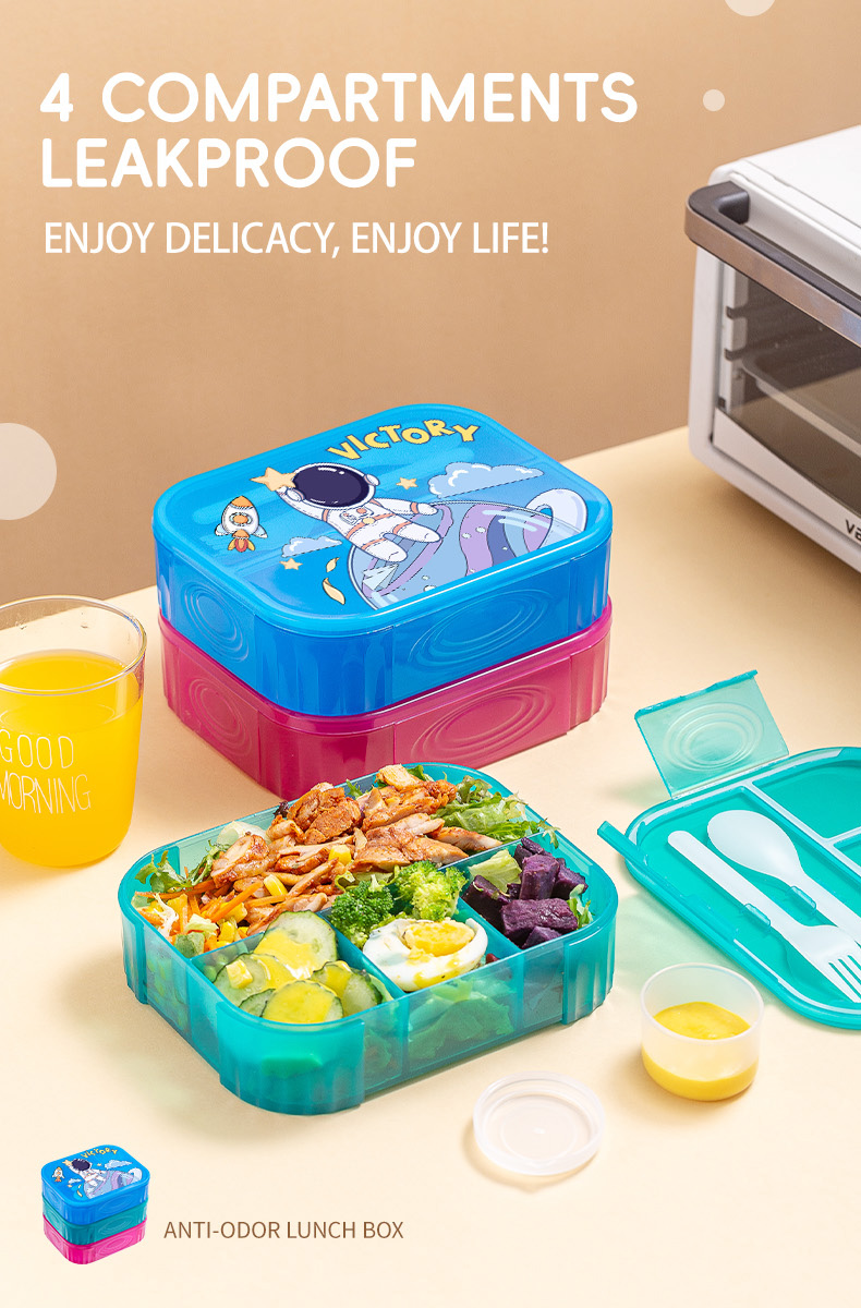 LFGB CE FDA CPC cartoon student kids 4 compartments leakproof plastic food grade lunch box with sauce box and cutlery 1200ml