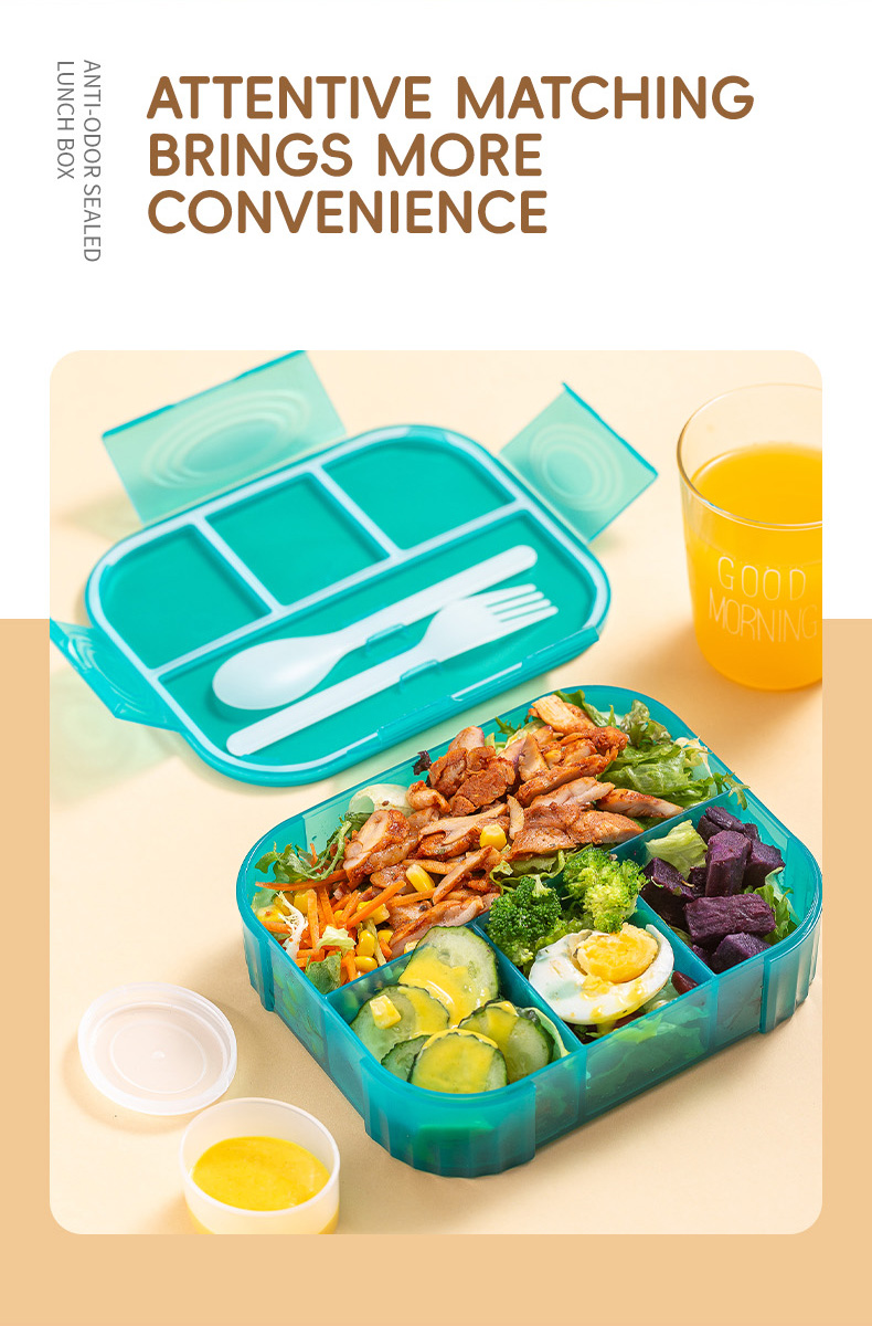 LFGB CE FDA CPC cartoon student kids 4 compartments leakproof plastic food grade lunch box with sauce box and cutlery 1200ml