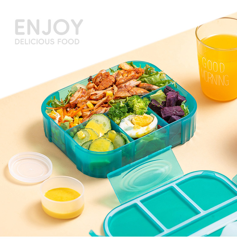 LFGB CE FDA CPC cartoon student kids 4 compartments leakproof plastic food grade lunch box with sauce box and cutlery 1200ml